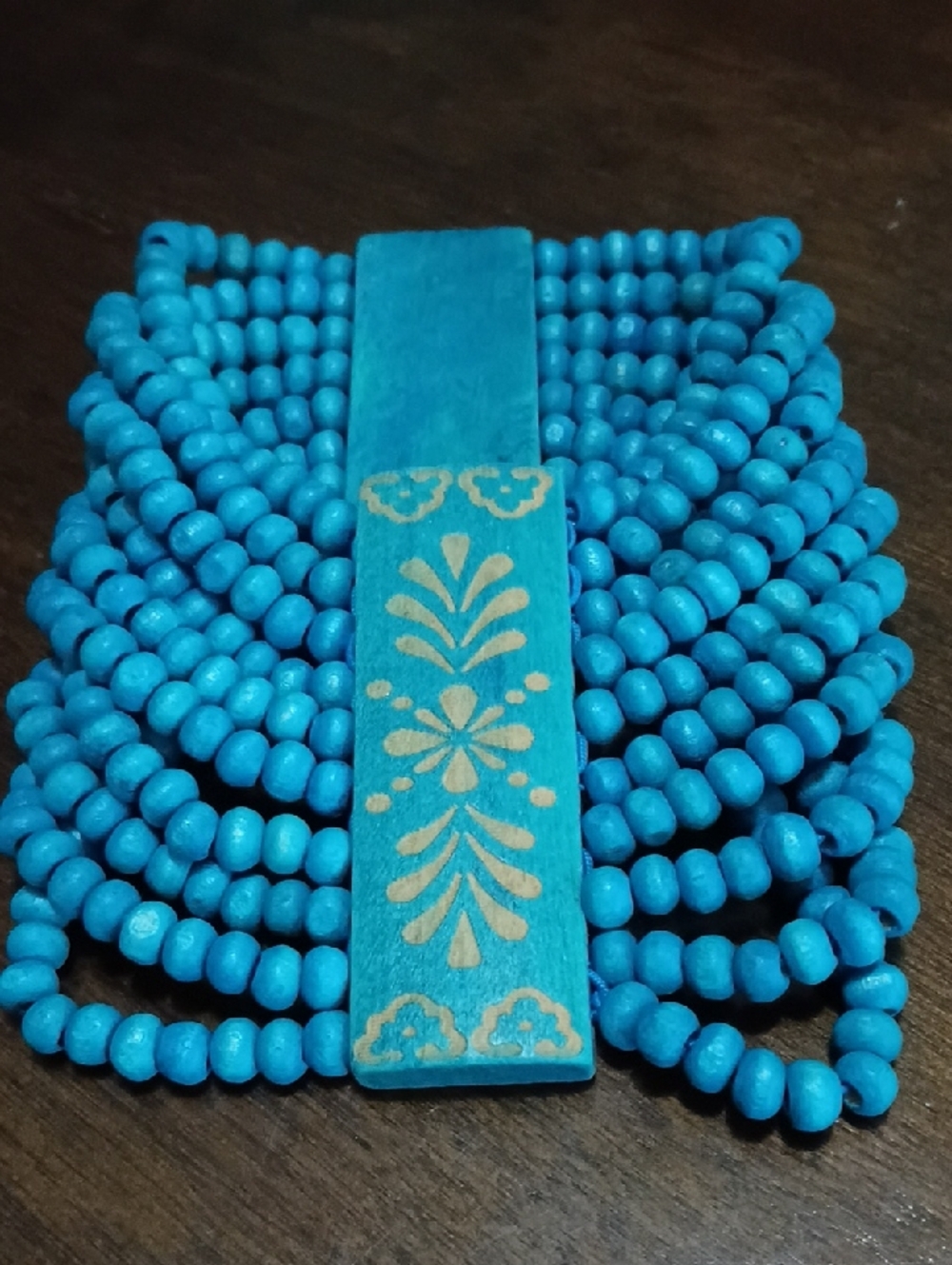 Turquoise Beaded Multi-Strand Bracelet with Gold Painted Accent Bar Euc